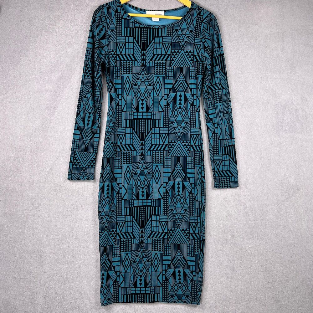 Sans Souci Teal Black Velvet Flocked Geometric Bodycon Midi Dress Womens Size M